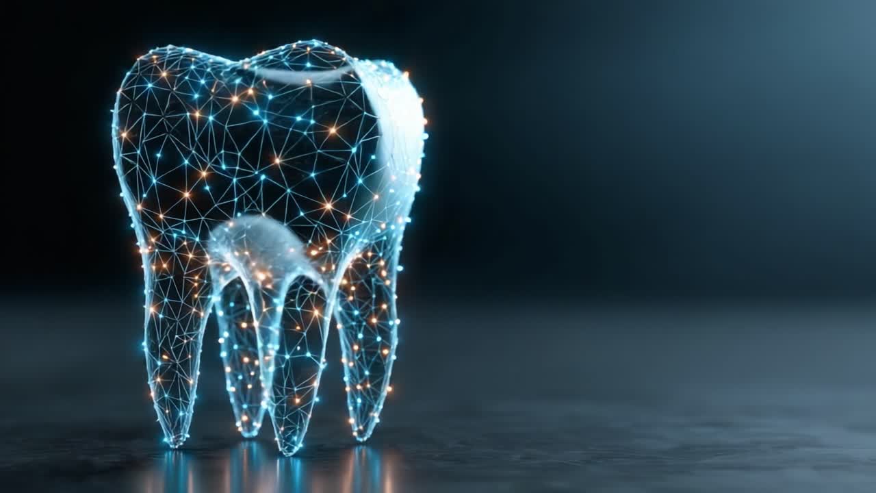 A Stunning 3D Representation of a Tooth Created with a Network of Digital Connections, Showcasing the Intersection of Dentistry and Technology in a Modern Visual Format