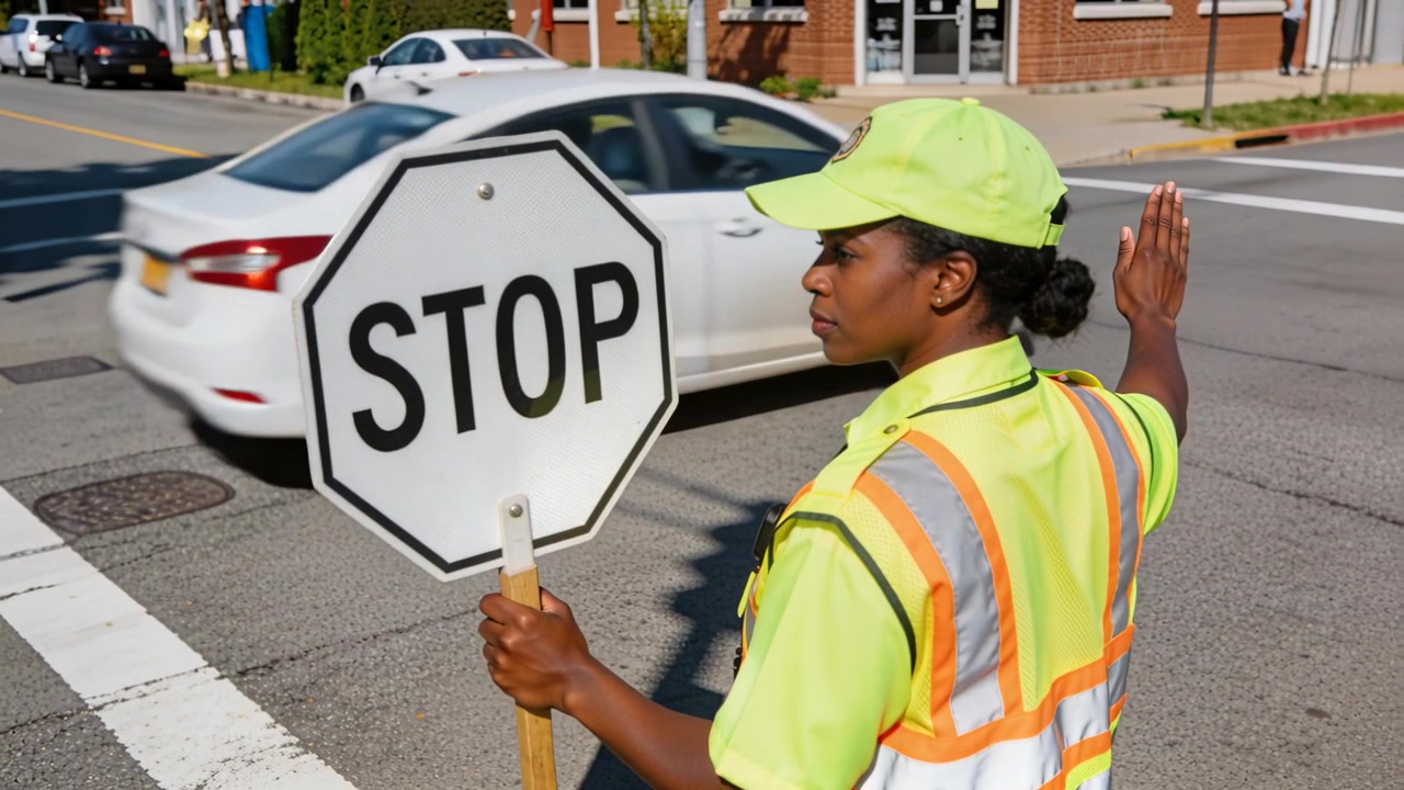 Bil signaliserer nær vakt i vest som hever STOPP-skilt med hevet håndflate, stopper biler ved overgang, med kopiplass.