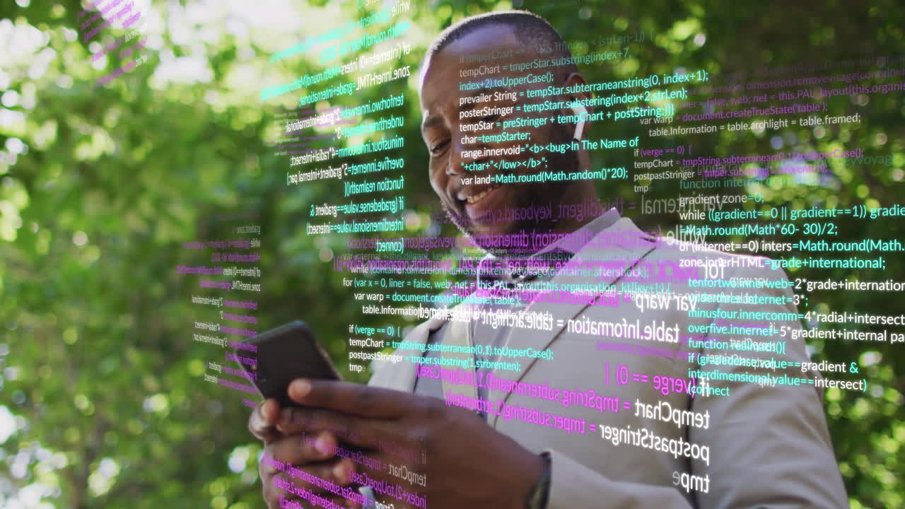 Animation of data processing over african american businessman using smartphone