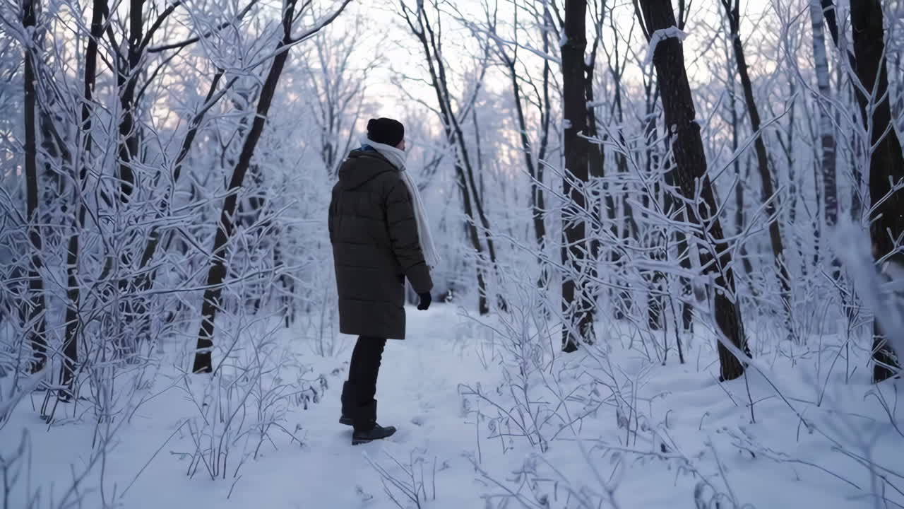 Person Walking in a Snowy Forest