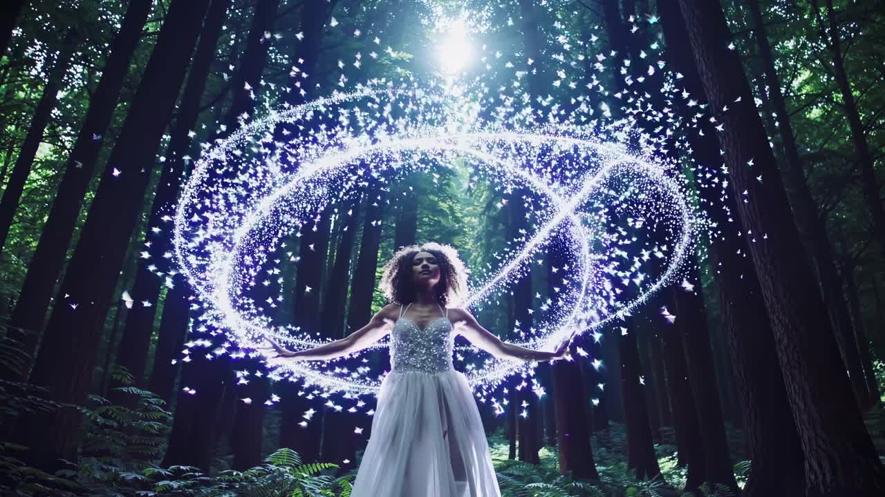 A magical forest scene with a woman in a white dress surrounded by glowing butterflies