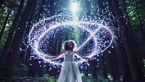 a magical forest scene with a woman in a white dress surrounded by glowing butterflies