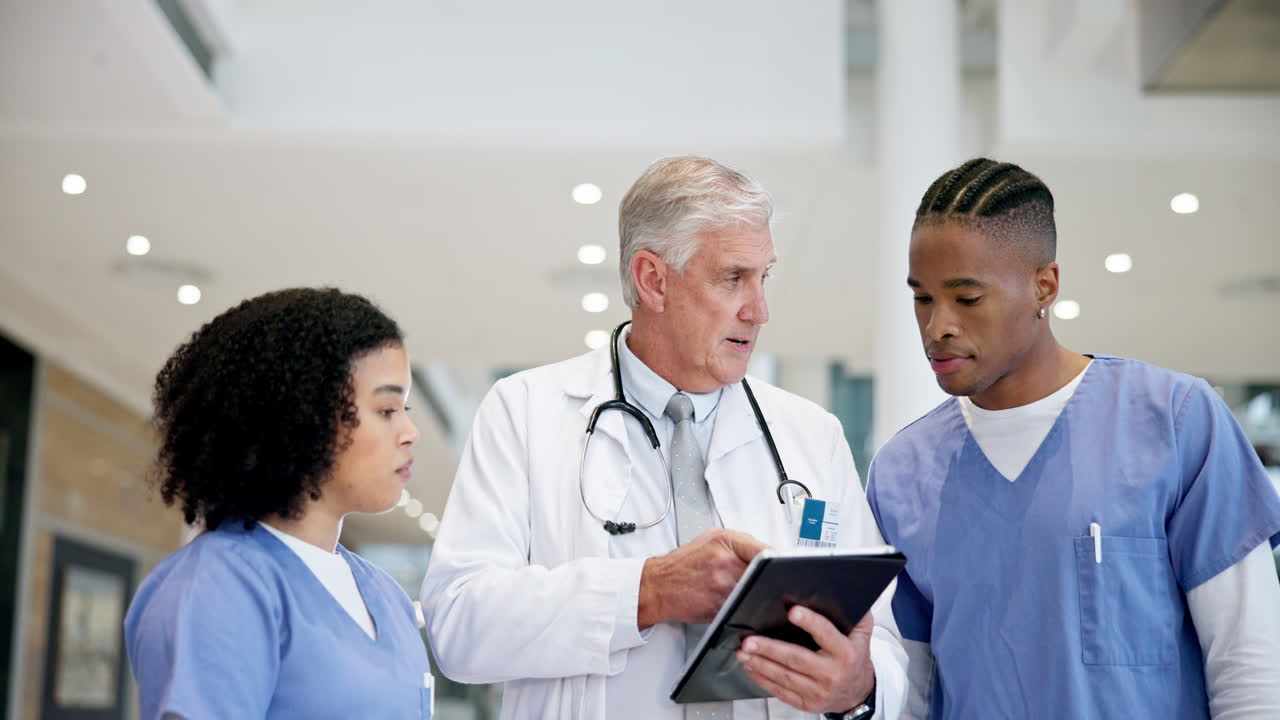 Hospital, discussion and doctor with nurse