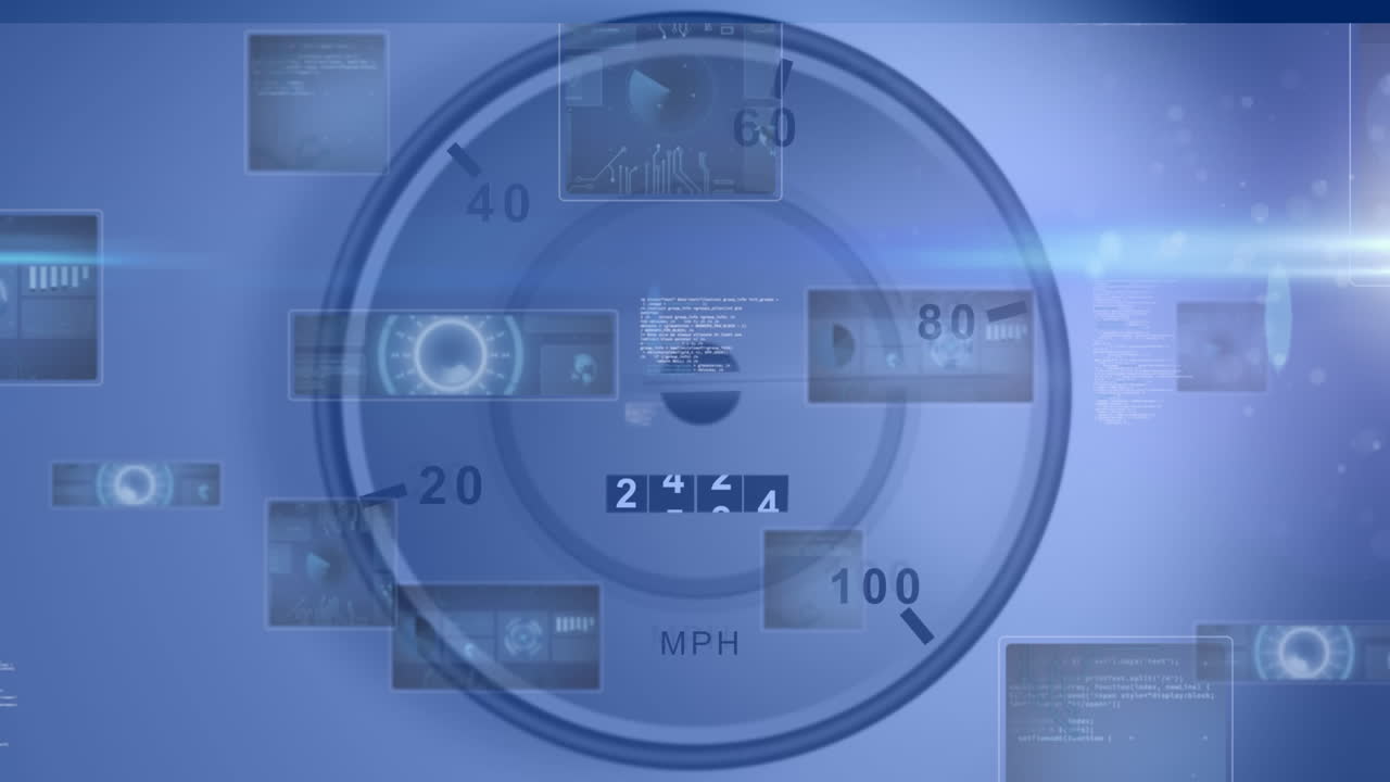 파란색 바탕에 스피도미터를 통해 데이터를 처리하는 화면의 애니메이션