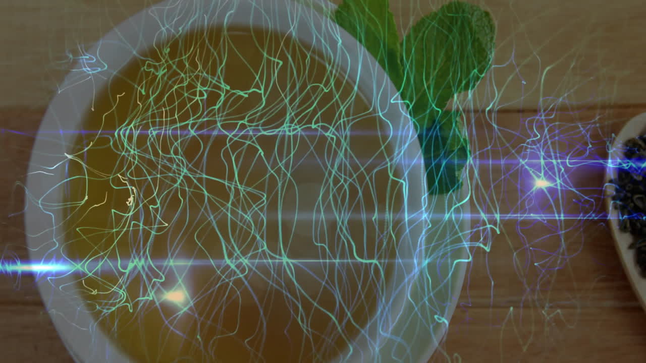 Animating 3D render white ceramic bowl with light-brown tea top-down, featuring neon-green trails