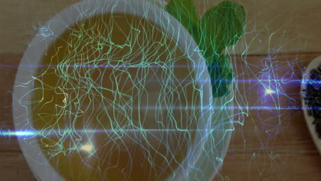 animating 3d render white ceramic bowl with light-brown tea top-down, featuring neon-green trails