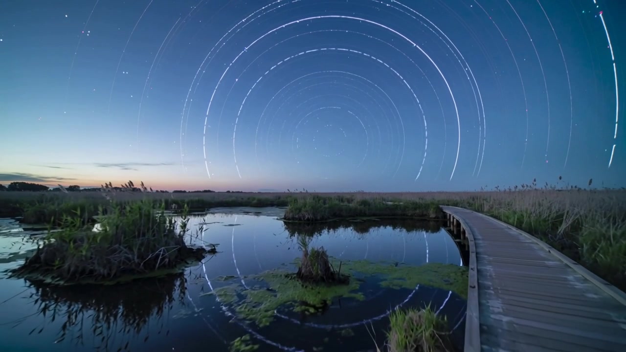 Recording timelapse boardwalk and marsh glowing star trails growing and mirroring pools, copy space