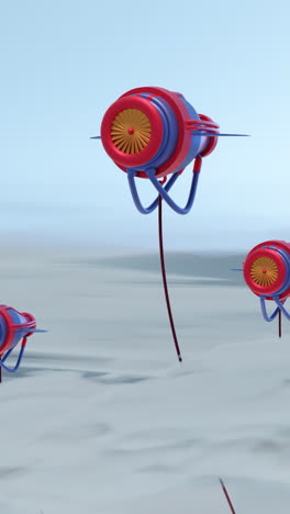 colorful jet engine-like plants in a minimalist sci-fi scene