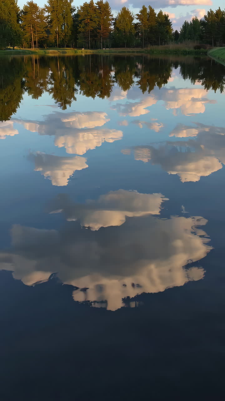 Reflective Lake with Clouds and Trees