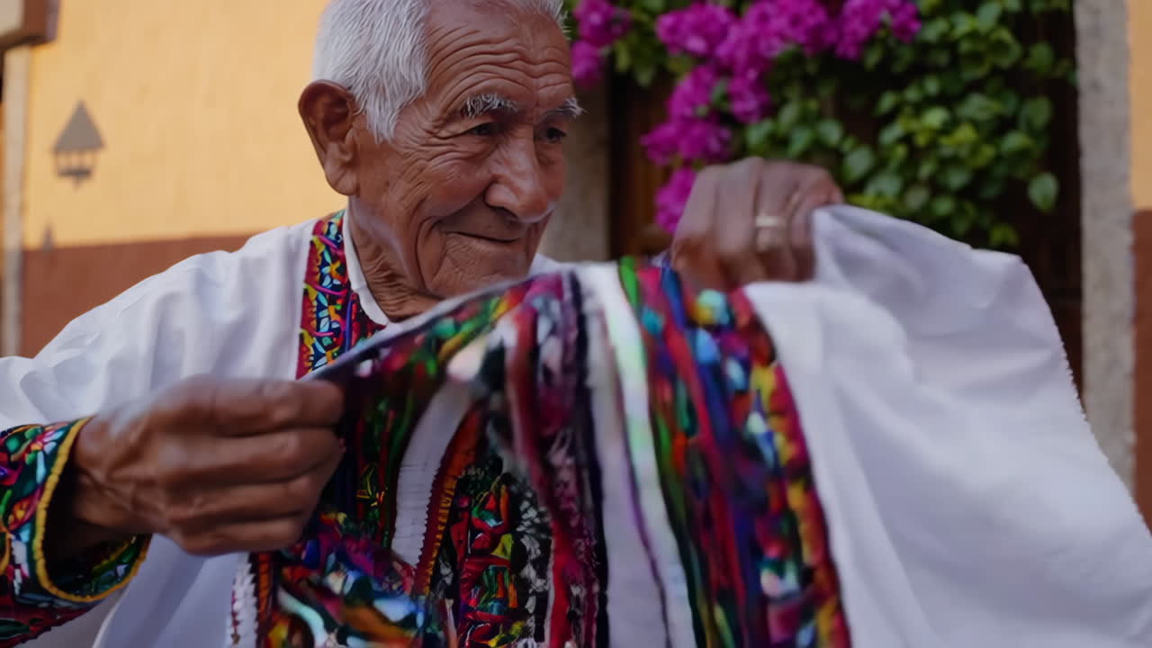 Elderly Mexican Man in Traditional Embroidered Clothing