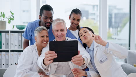 selfie, tablet and group of doctors