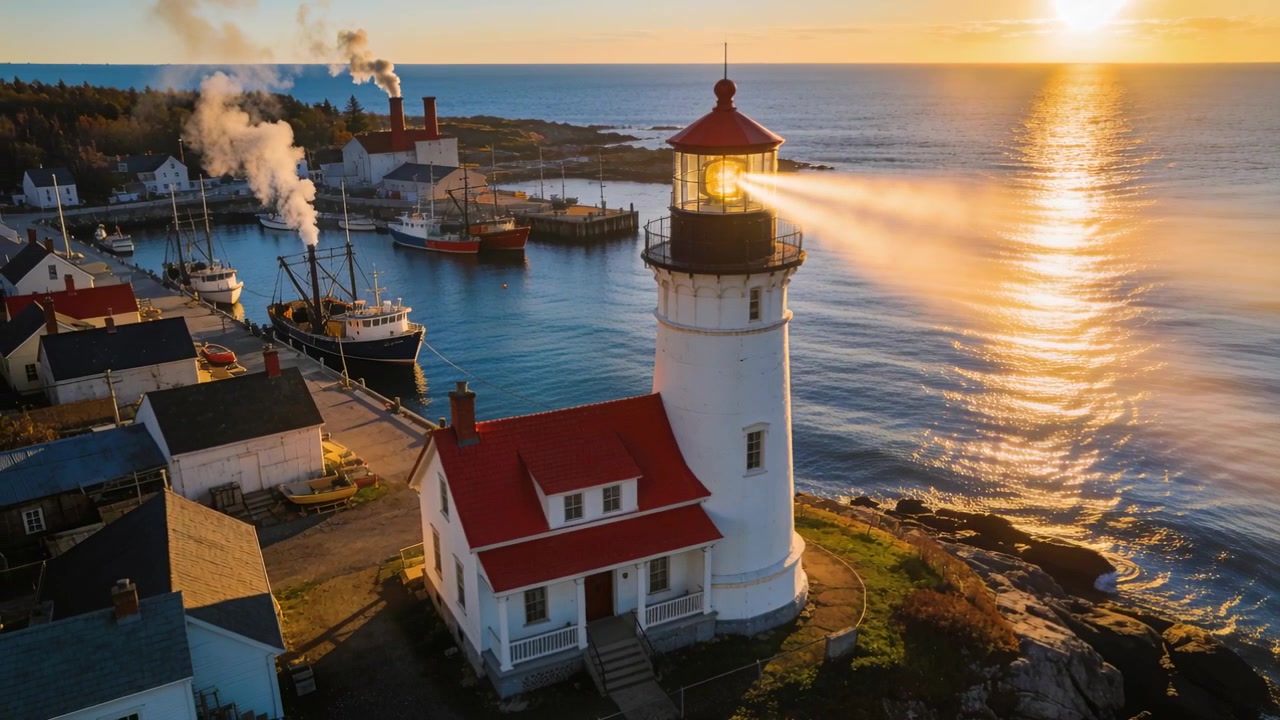 Farol giratório ativando farol branco com casa do faroleiro, guiando embarcações atracadas no porto.