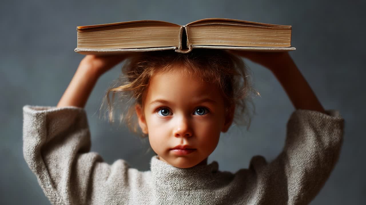 A Young Child Balancing a Book on Her Head, Showcasing Playfulness and Curiosity in a Cozy, Intimate Setting with Soft Lighting and Thoughtful Expression