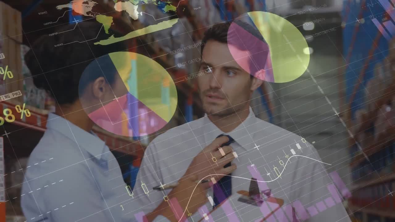 animación del procesamiento de datos y estadísticas sobre diversas personas que trabajan en el almacén