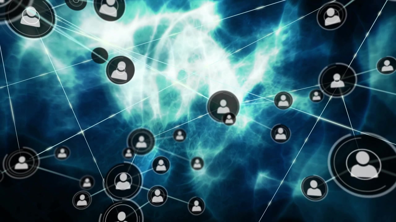 Animation of network of connections with icons over dark background