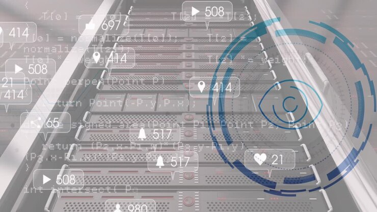 Animation of eye icon over data processing and server room