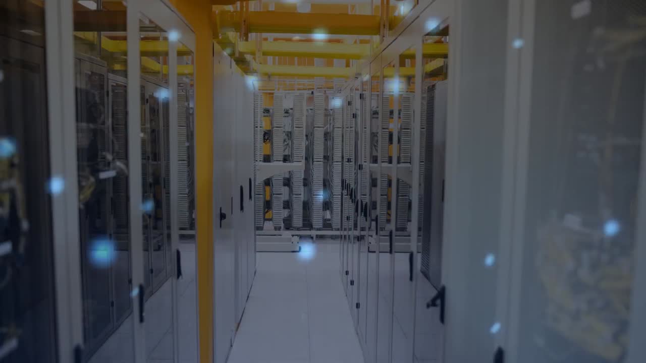 Animation of lights and dots floating over servers