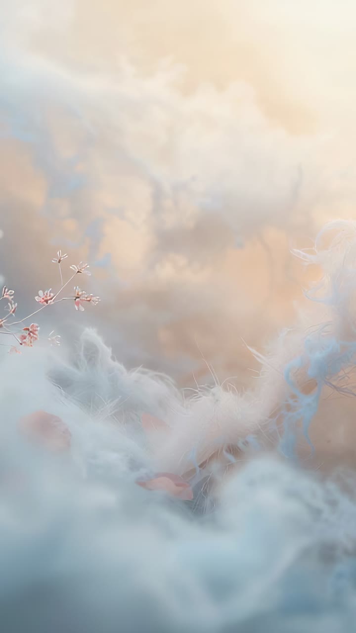 Vertical video: Drifting mist moving right in sky after warm light rising, twig pink buds and vapor