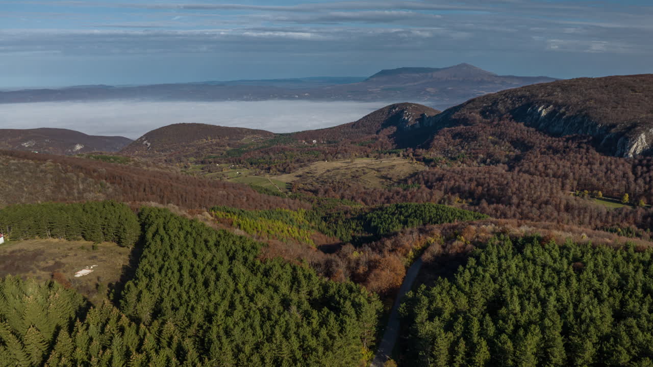 Aerial View of Mountain Range and Forest in Autumn