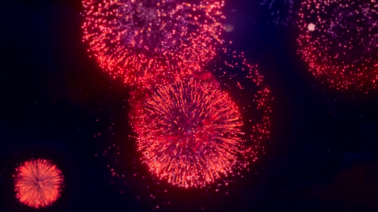 어두운 빨간색은 검은 밤 하늘에 크고 작은 불꽃놀이를 표시합니다. 생일, 기념일, 축제, 휴가, 새해, 파티, 이벤트 및 축제, 초대