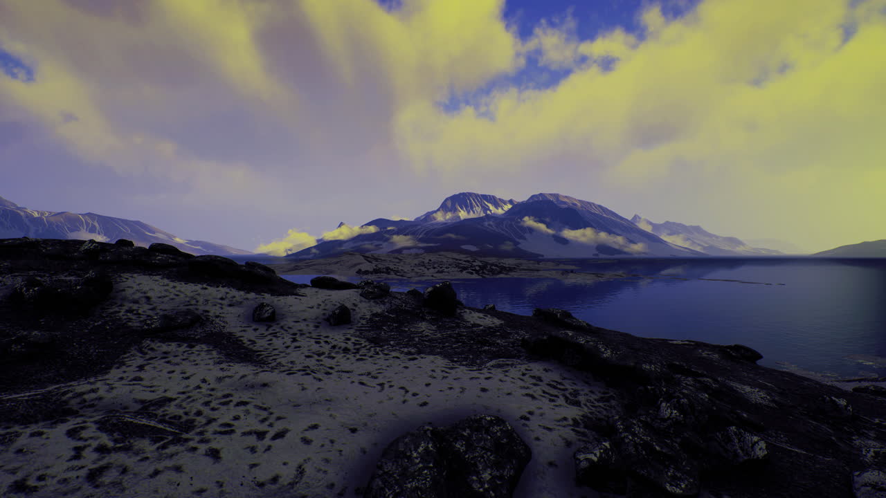 Majestic mountain landscape with lake and dramatic skies at dusk