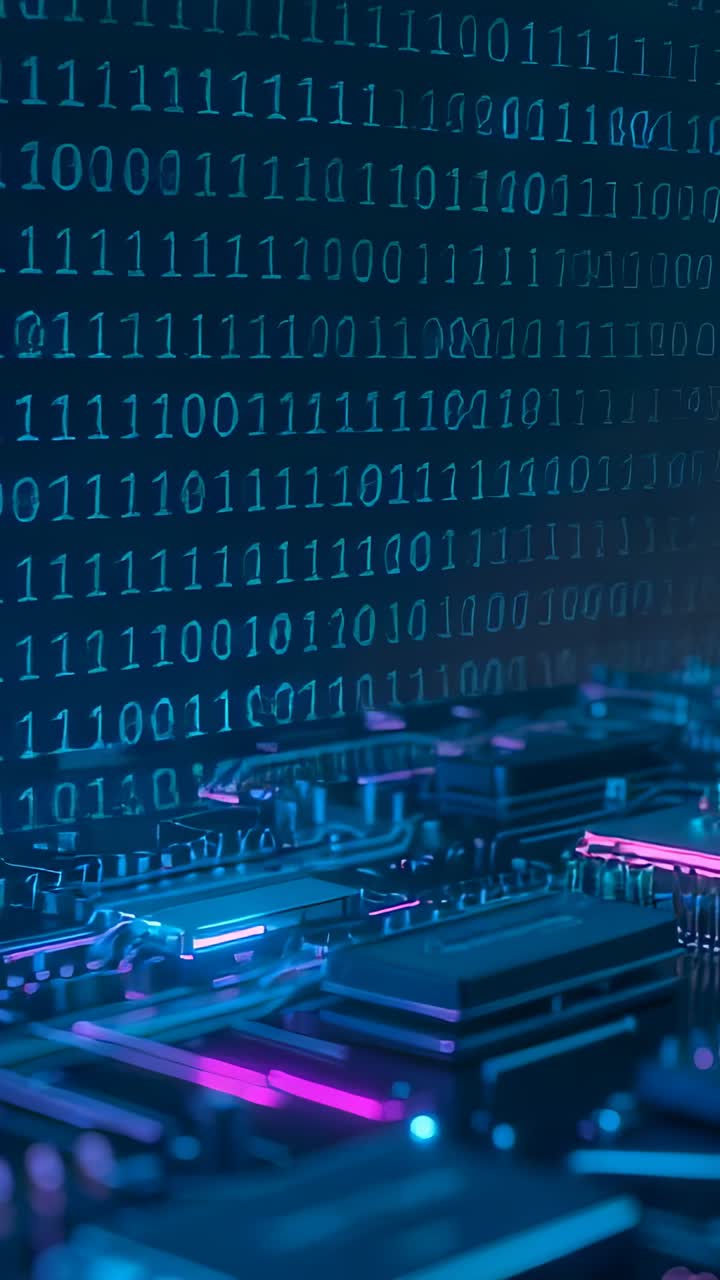 Vertical video: Streaming binary digits on motherboard driving camera panning showing CPU socket