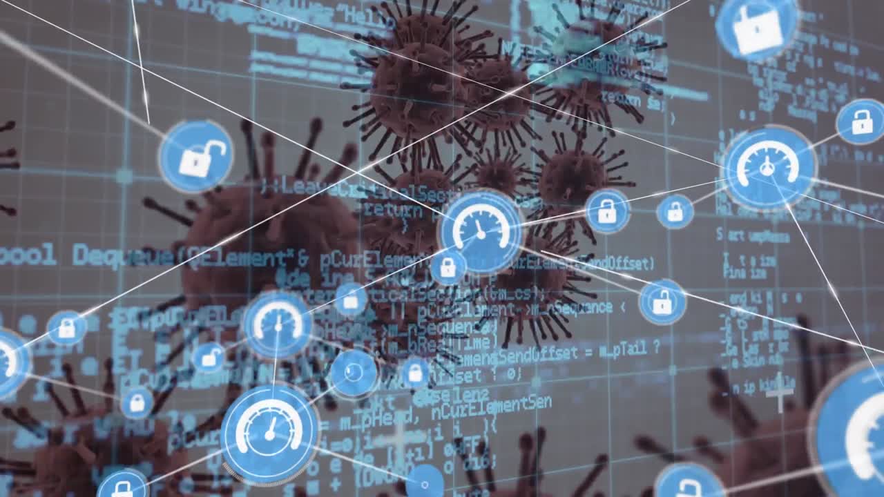 animación de la red de conexiones y procesamiento de datos sobre células covid sobre fondo blanco