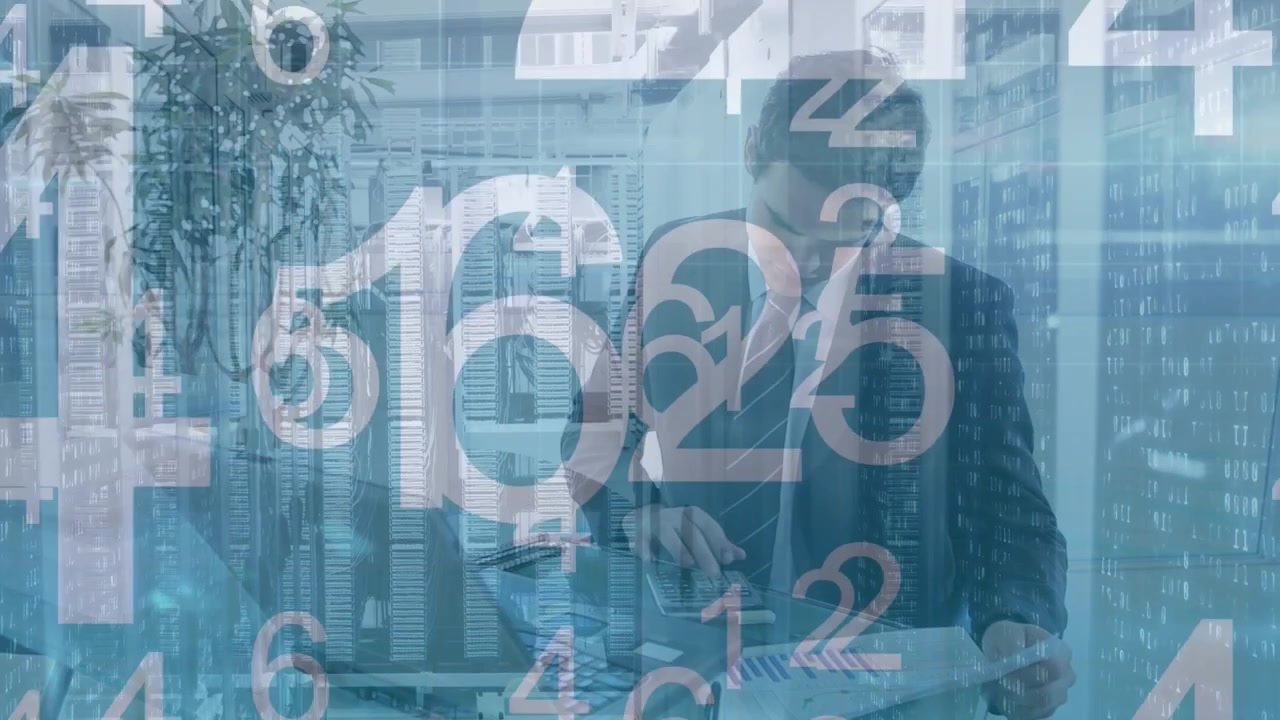 Animation of data processing over smiling man working in warehouse