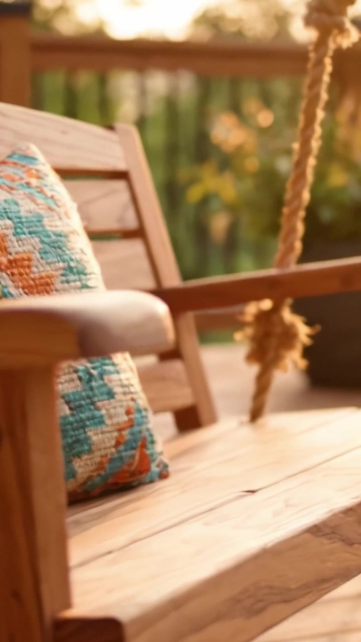 Captivating Close-Up of a Rustic Wooden Swing with Cozy Cushions Set Against a Warm Sunset Background Perfect for Relaxation and Enjoying Outdoor Moments