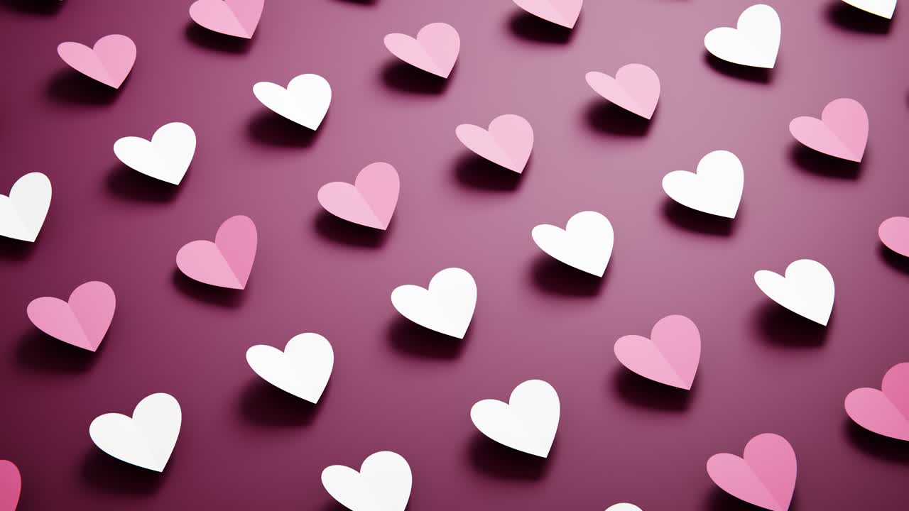 Cuori di carta animati rosa e bianchi su sfondo viola