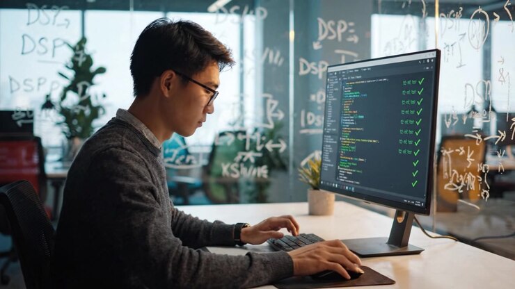 Focused Programmer Analyzing Code on a High-Resolution Monitor in a Modern Office Environment, Surrounded by Mathematical Equations and Data Insights