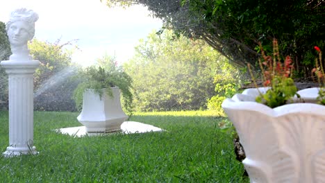 garden sprinkler during watering the green lawn on a sunny summer day