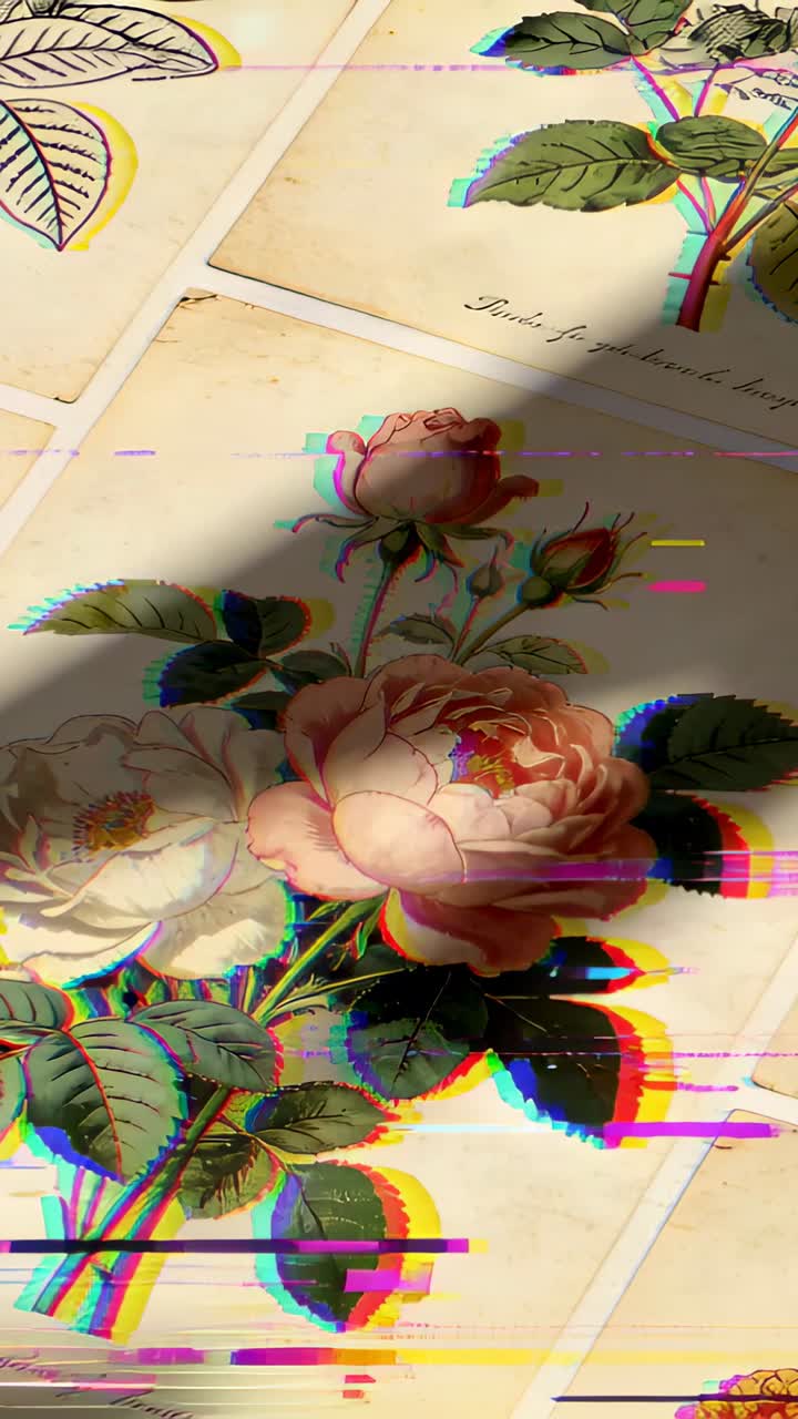 Video verticale: Tavola botanica che mostra una rosa rosa su tavolo, luce solare in movimento e scomposizione RGB pulsante