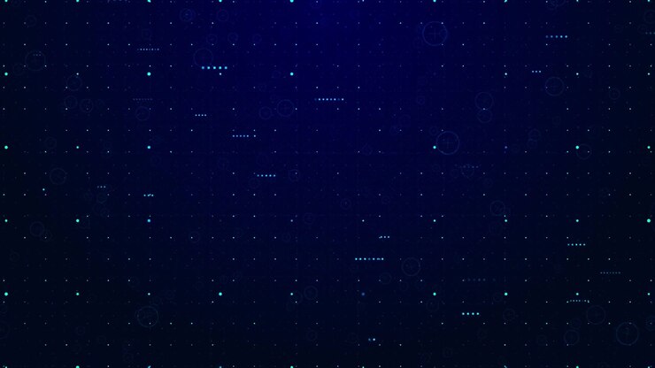 Dark blue tech dot interface visual with scattered cyan particles circular hud targets and faint