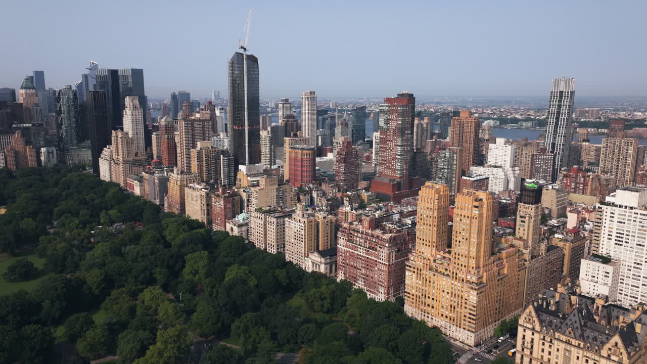 Static drone shot of Upper West Side and the Central park, golden hour in NYC