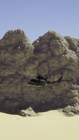 helicopter flying over rocky desert landscape under clear blue sky
