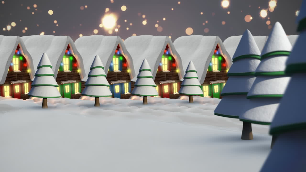 Animación de caída de estrellas y luces de colores sobre casas con luces decorativas.