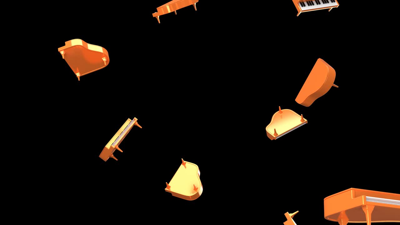 검은 바탕에 오렌지색 피아노가 날고 있습니다.
