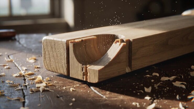 Sending sawdust, hand-tool scraping wood beam hollow on bench removing debris with chips and handle