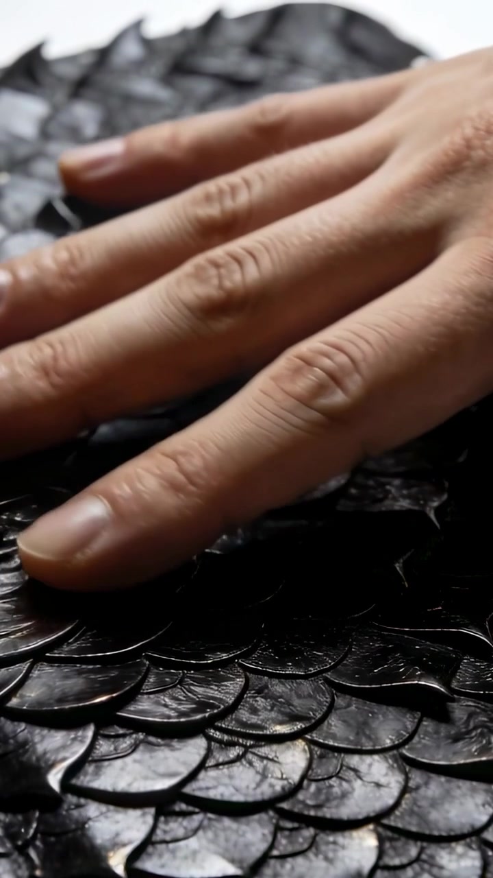 Vertical video: Placing right hand sliding fingers across tabletop exploring glossy scales texture