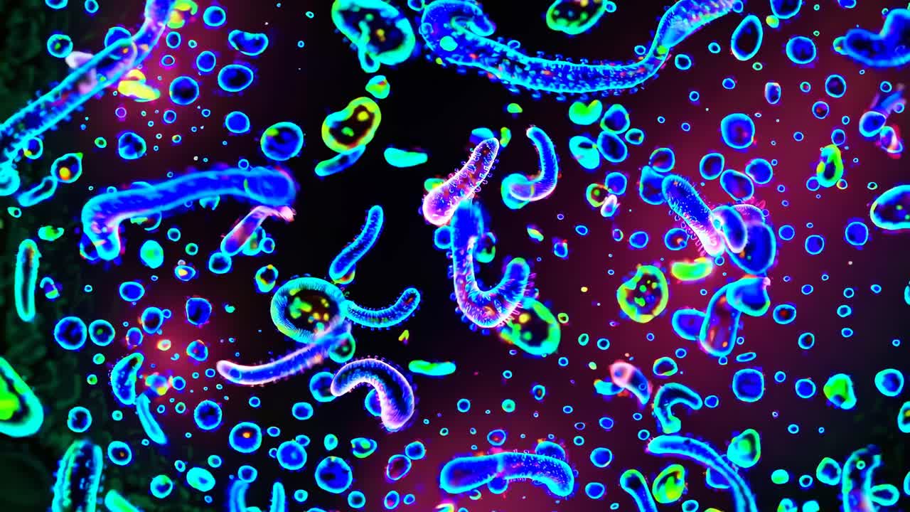 Abstract video concept with a top-down angle showing glowing, neon-like microorganisms on a dark