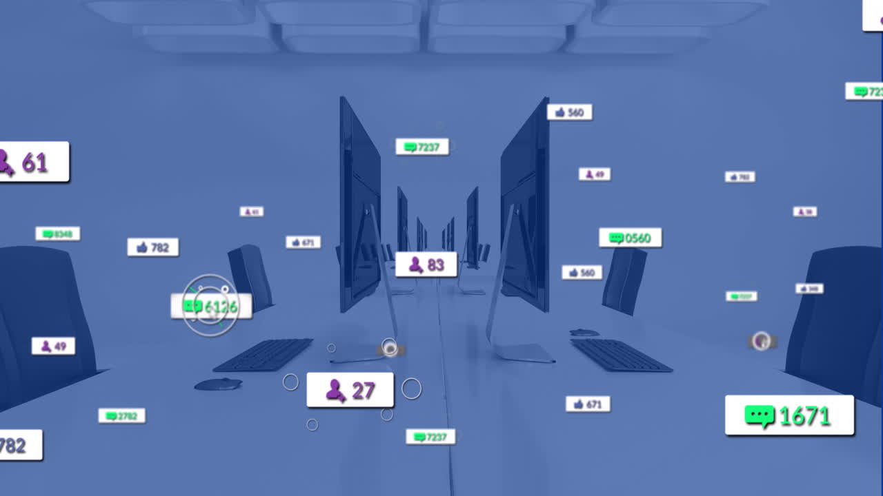 Animation of digital interaction metrics floating over computers in modern office