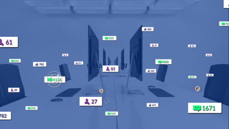 animation of digital interaction metrics floating over computers in modern office