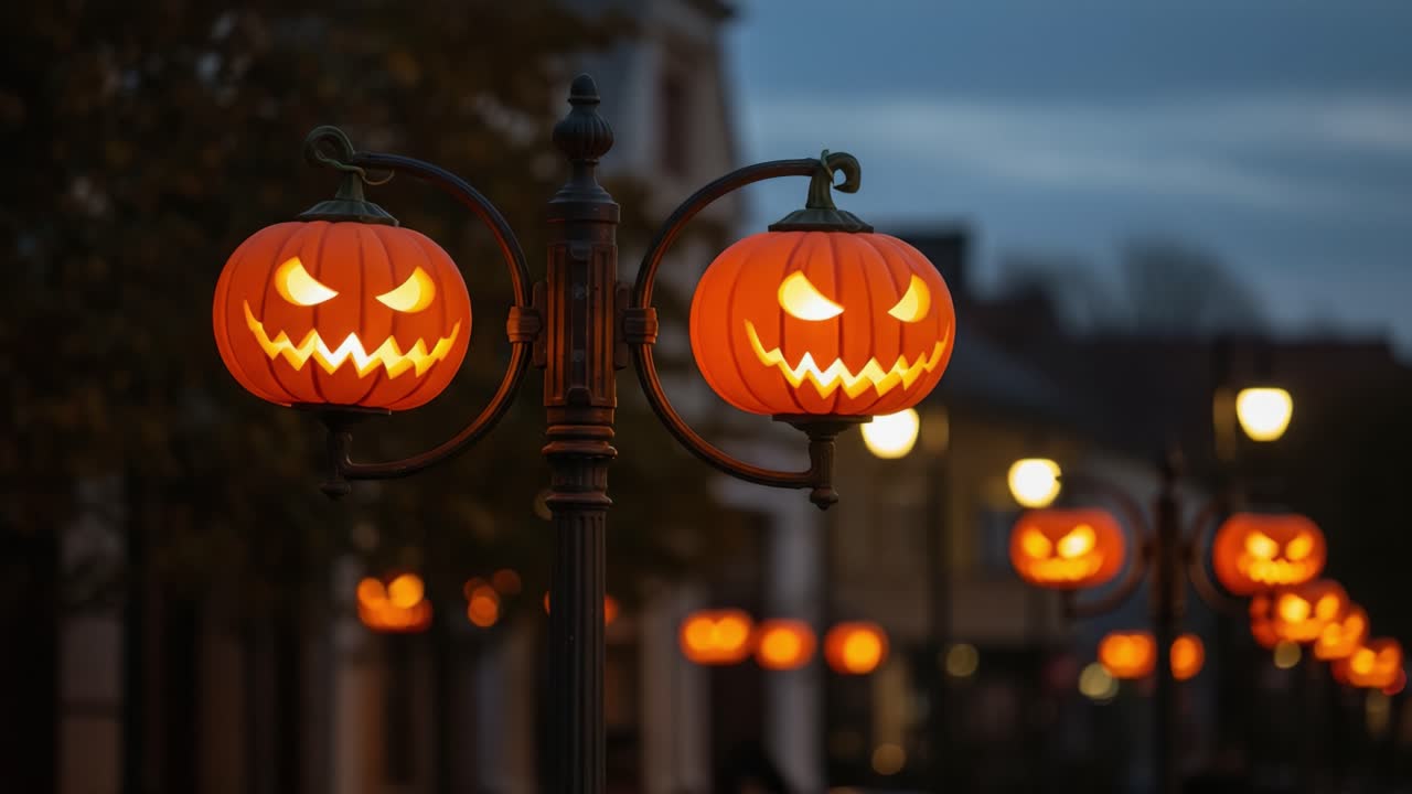Spooky Autumn Night: Illuminated Halloween Lanterns Adorn the Streets, Casting Eerie Shadows with Their Grinning Jack-O'-Lantern Faces