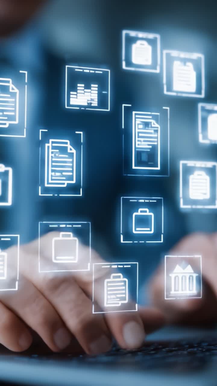 A Focused Individual Engaging with Digital Documents and Data Management Interfaces in a Modern Office Setting