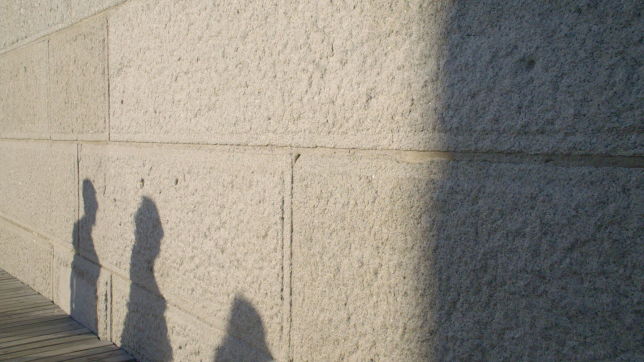 Pedestrian shadows cast on a brick wall. Shot at sunset in Booklyn