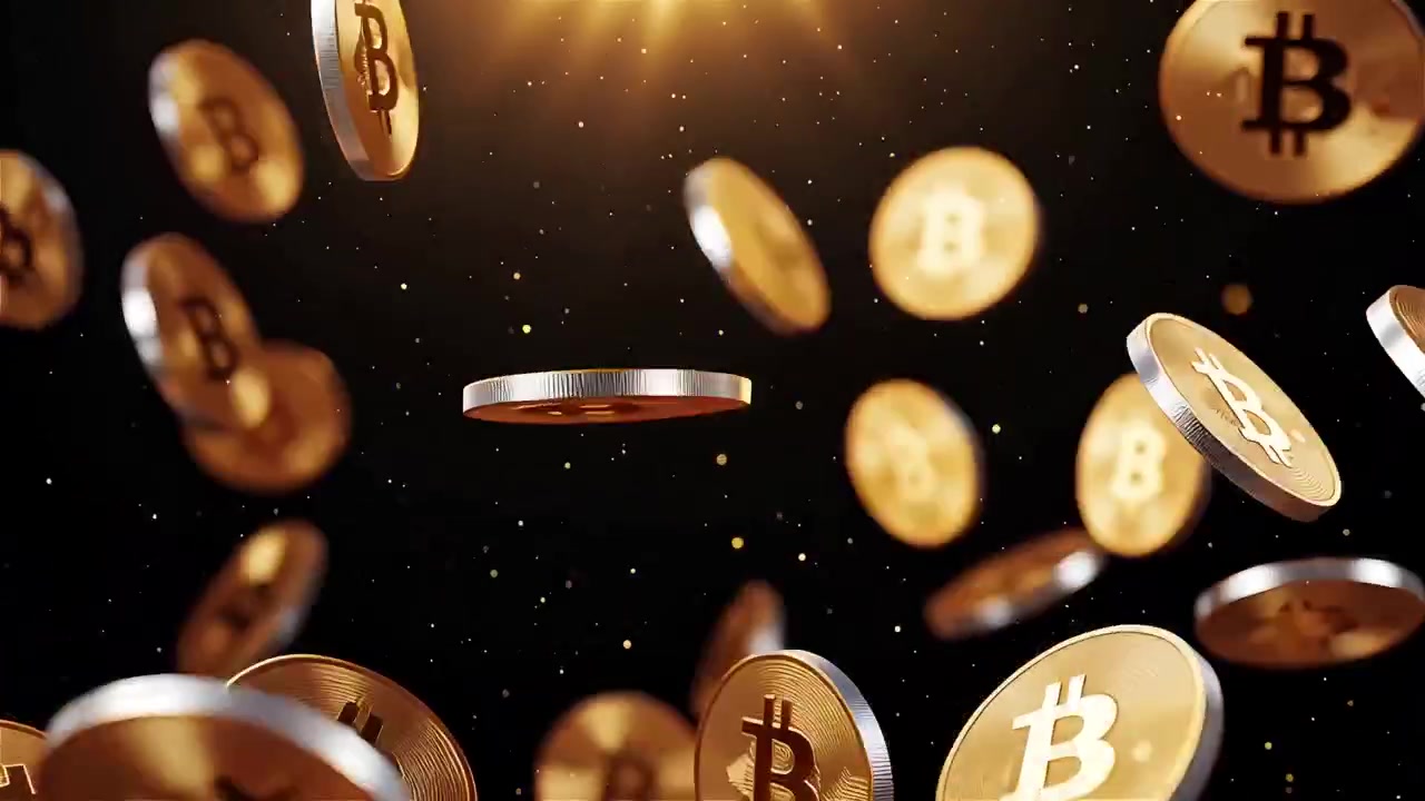 Bitcoin in rotazione su sfondo nero drammatico 4k