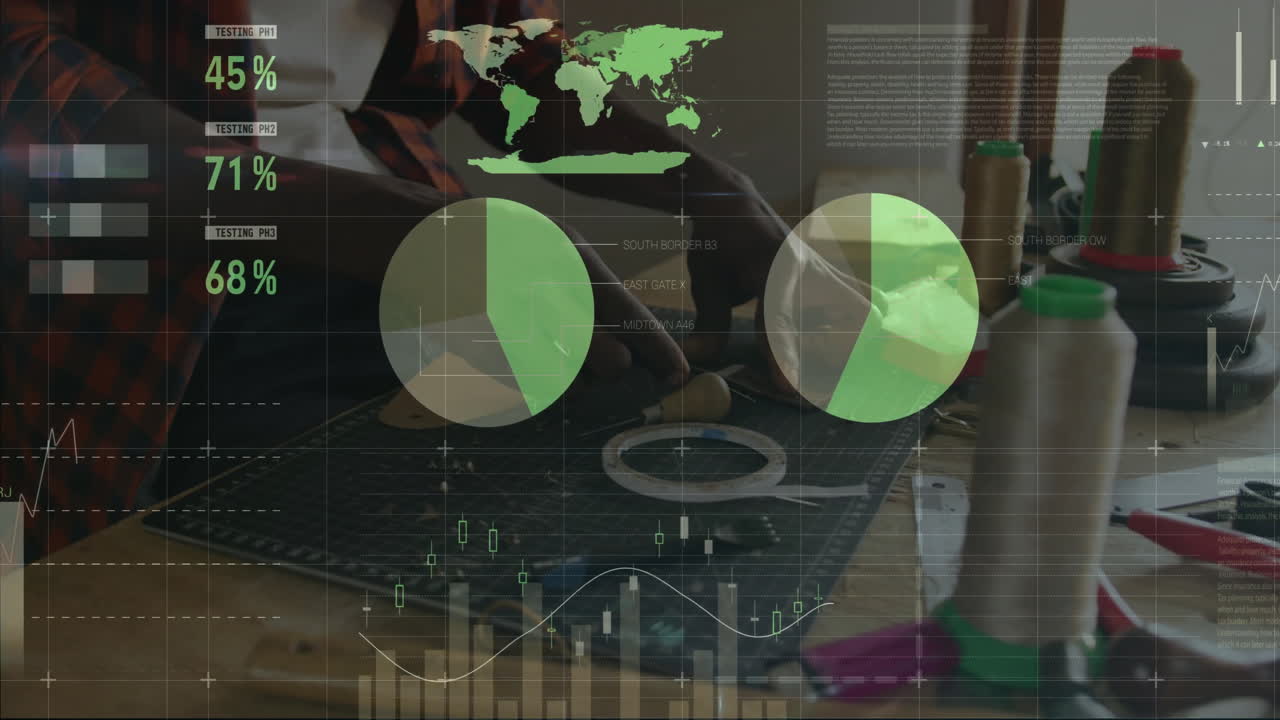 Leather industry craftsperson cutting leather on workbench, with animated map graphs percentages