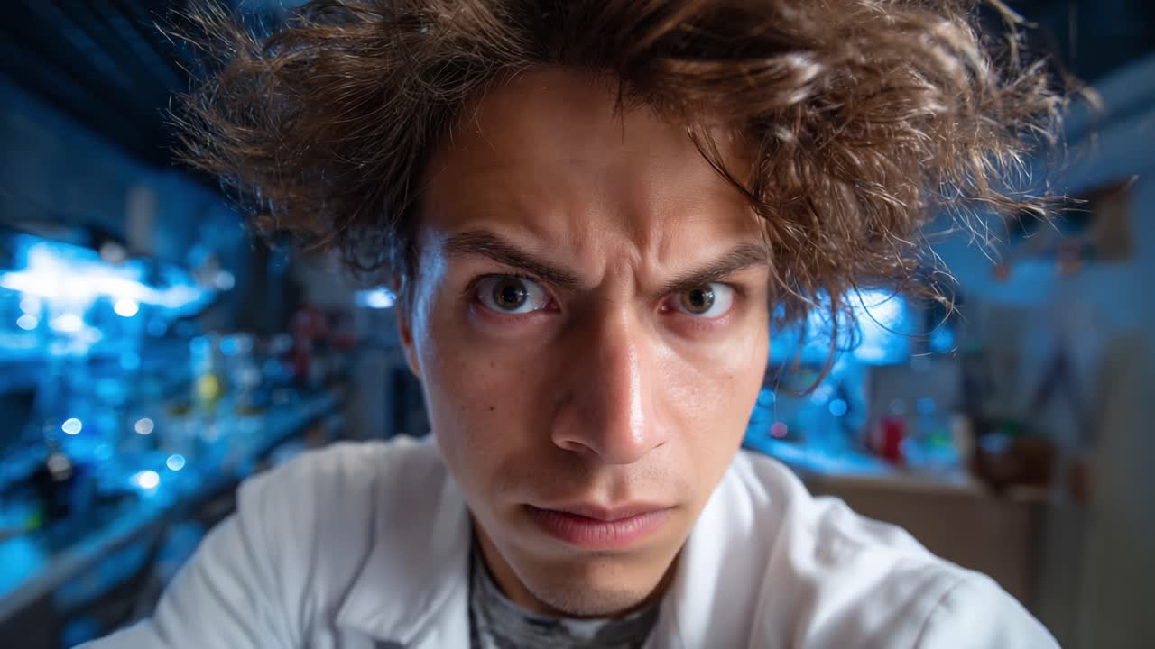 An Eccentric Scientist With Wild Hair Shows Various Emotions in a Laboratory Setting, Captivating Viewers with His Unusual Expressions and Enthusiasm