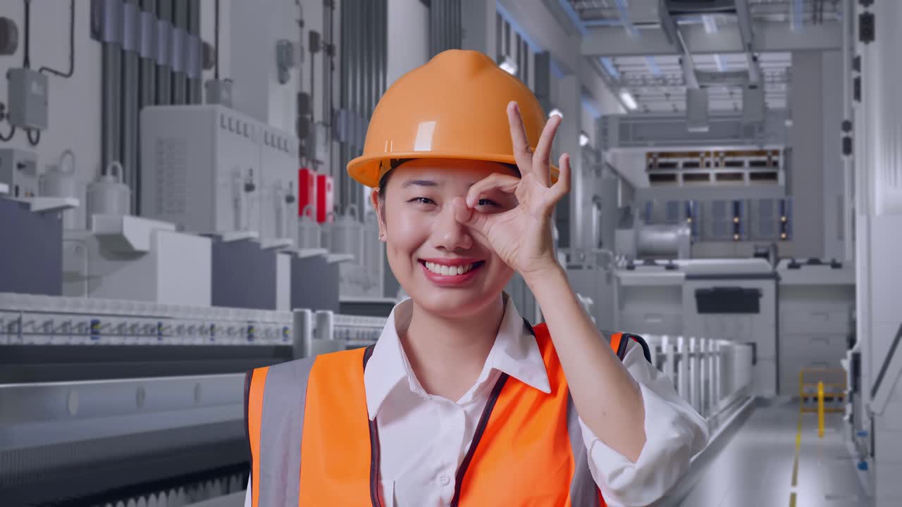 Close Up Of Asian Female Engineer With Safety Helmet Showing Ok Hand Sign Over Eye And Smiling To Camera At Pharmaceutical Factory, Vaccine Production Facility